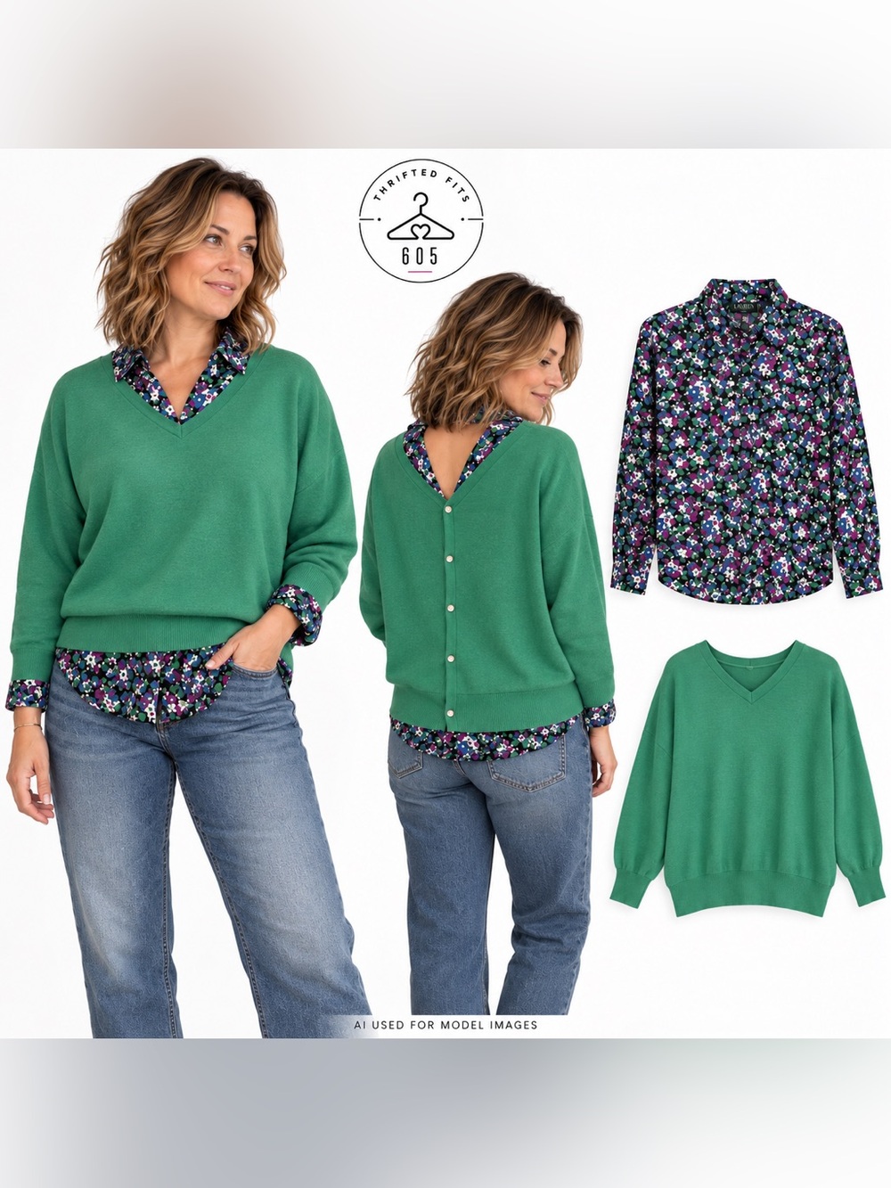 Ralph Lauren Floral button up and Green V-Neck Button-Back Sweater
